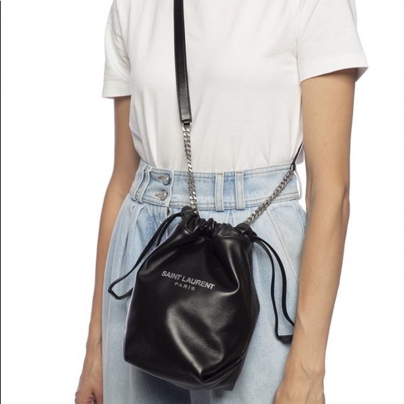 Saint Laurent Teddy White Coated Linen Drawstring Bucket Bag